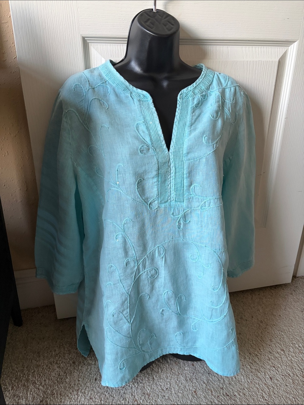 Chico's Aqua Embroidered V-Neck Linen Tunic